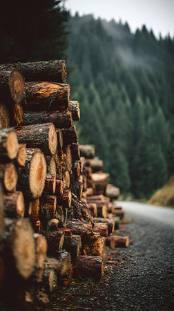 A pile of freshly cut logs rests beside a paved road, with a dense, foggy forest stretching into the background. Focus is on the stacked logs.の素材