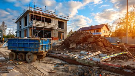 Construction site shows a partially built house frame under a blue sky. A blue dump truck sits nearby, with building materials and debris scattered across the muddy ground.の素材
