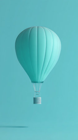 3D rendering of a turquoise hot air balloon with a striped basket, set against a solid, matching blue backdrop, creating a clean, minimalist composition.の素材