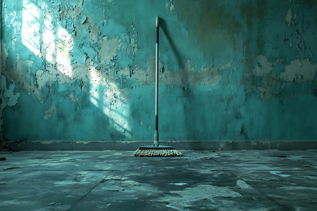An abandoned room featuring a mop leaning against a peeling blue wall, capturing a sense of neglect, decay, and a haunting atmosphere with natural light illuminating the scene.の素材