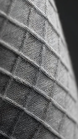 Close-up view reveals the intricate details of a grey woven fabric, featuring subtle patterning and raised seams creating a unique textured surface. Perfect for abstract backgrounds.の素材
