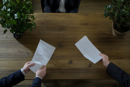 Overhead view shows two people at an interview. Documents lay on a wooden table, next to green plants. One person holds the documents, wearing a suit.の素材
