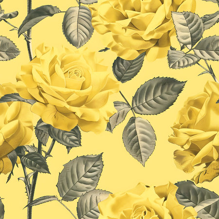 Detailed seamless pattern featuring bright yellow roses with swirling petals contrasted by intricately drawn gray leaves and stems, all on a soft yellow background.の素材