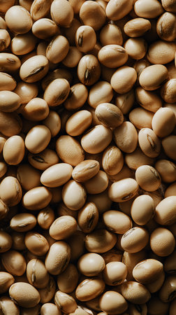 Macro shot capturing the texture of dried soybeans, revealing details of each oval-shaped bean and their color variations under warm light. They make great ingredient in Asian cuisine.の素材