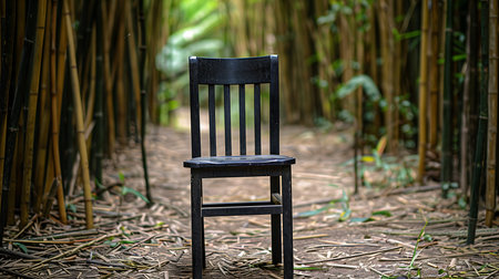 Centered black wooden chair with vertical slats on a narrow path through a dense bamboo forest. Dry bamboo leaves cover the ground, creating an interesting texture.の素材
