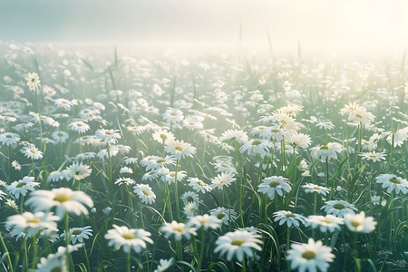Misty field of daisies with a soft, ethereal glow on a foggy morning. The white petals and green stems create a tranquil scene bathed in sunlight.の素材