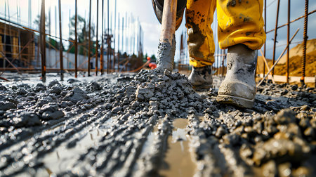 Eye-level view showcasing a worker in yellow overalls leveling wet concrete at a construction site. Rebar is visible in the background, indicating ongoing building work.の素材