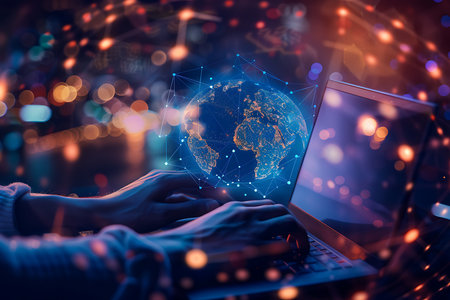 Hands type on a laptop keyboard, overlaid with a glowing, connected digital globe. A blurred cityscape backdrop is visible, creating a high-tech, networked theme.の素材