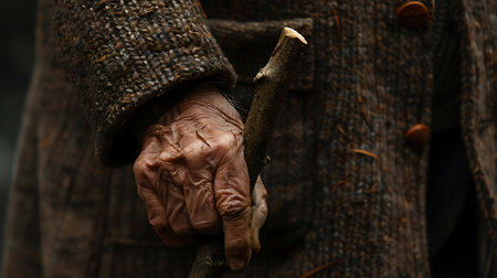 Close-up showcases an elderly hand firmly grasping a rustic walking stick, against the backdrop of a warm, brown tweed coat. Skin textures and fabric details abound.の素材