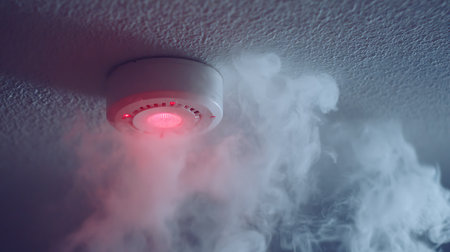 An active smoke detector with a red indicator light is visible against a textured ceiling, accompanied by the presence of smoke, suggesting an emergency and potential danger.の素材