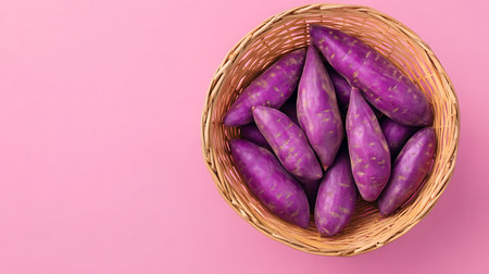 Aerial view showcasing purple sweet potatoes nestled in a wicker basket, set against a soft pink backdrop. The image composition provides generous negative space.の素材