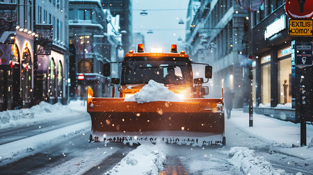 Frontal view of an orange snowplow clearing a snow-covered city street during heavy snowfall. Buildings and shops line the sides, illuminated by soft lighting.の素材
