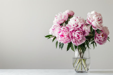 A bouquet of light pink peonies with dark pink details is centered in a clear glass vase, sitting on a marble surface against a plain background, still life composition.の素材