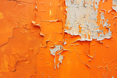 Detailed close-up of heavily textured orange paint peeling to reveal gray paint underneath. The peeled areas show intricate patterns of cracks and flakes creating an abstract design.の素材