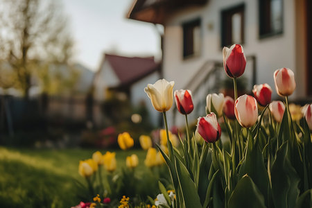 A serene garden view showcasing red, pink, and yellow tulips in full bloom, contrasted against the backdrop of a white house and vibrant greenery. Captured during daytime.の素材