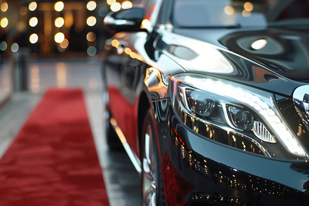 Close-up shot of a stylish black car parked on a red carpet. Blurred lights in the background add a touch of glamour to the image. Focus on the car's headlight.の素材