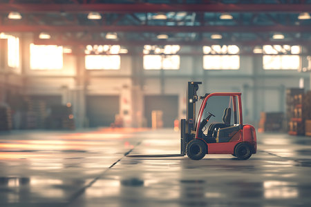 A bright, spacious warehouse shows a red forklift truck standing idle on a glossy floor. Natural sunlight filters through the building's windows and illuminates the scene.の素材