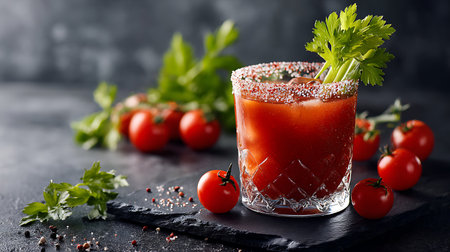 A beautifully styled image showcases a refreshing Bloody Mary cocktail, complete with a celery stalk garnish and fresh tomatoes served on a sleek black slate board.の素材
