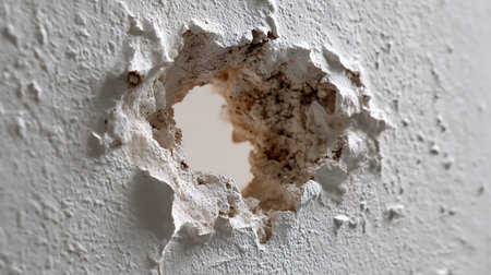 A macro shot reveals a circular hole in a textured white wall. The rough, crumbling edges of the hole show the underlayers beneath the surface.の素材