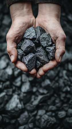 Person holding a pile of shiny black coal in their hands. The background is a blurred pile of coal. The person is wearing brown sweater. Dark and dramatic.の素材
