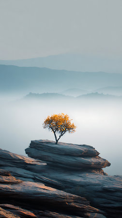 Solitary tree displaying golden foliage stands atop a layered rock formation, with soft fog and distant mountain silhouettes completing this serene, natural landscape.の素材
