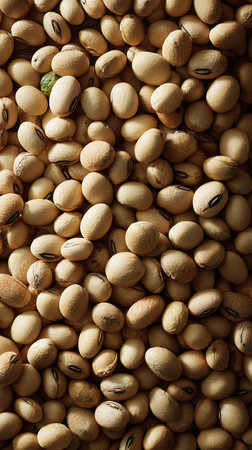 Close-up showcases a pile of dried soybeans, highlighting their natural texture and plant-based protein richness. The image emphasizes the health benefits of edamame.の素材