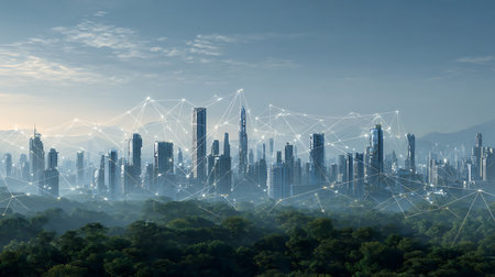 Captivating view of a modern city rising above a lush forest. Luminous network lines create intricate connections throughout the futuristic cityscape. Mountains in the background.の素材