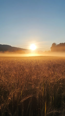 Breathtaking view over a golden wheat field at sunrise with a light fog and clear blue sky. The sun illuminates the field, highlighting the beauty of nature.の素材