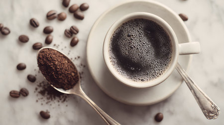 Top-down shot of a steaming cup of black coffee alongside a silver spoon full of ground coffee, scattered coffee beans, set against a marble surface with subtle light.の素材
