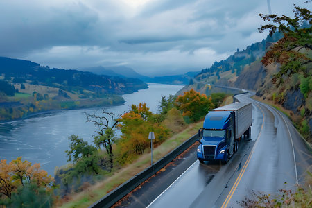 A blue semi-truck and trailer navigates a winding highway alongside the scenic Columbia River. Overcast skies and fall foliage enhance the landscape in this picturesque view.の素材