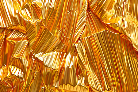 Detailed close-up showcases a shiny, golden pleated fabric. The dynamic folds and wrinkles create an abstract and visually striking background, perfect for adding luxurious texture.の素材