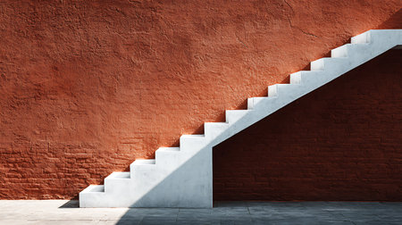 Concrete white staircase contrasts a rustic red brick building wall under sunlight. An architectural image showing a corner space, textured surfaces, and geometric shapes with shadows.の素材