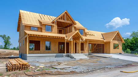 Unfinished new home construction showing wood framing and sheathing under a blue sky. Lumber sits nearby, with the landscaping in the preliminary stages.の素材