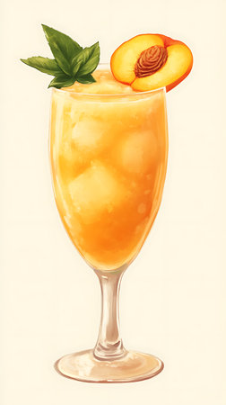 Close-up, watercolor-style image of peach-colored cocktail in a stemmed glass filled with ice, garnished with mint leaves and peach slice on a cream backdrop.の素材
