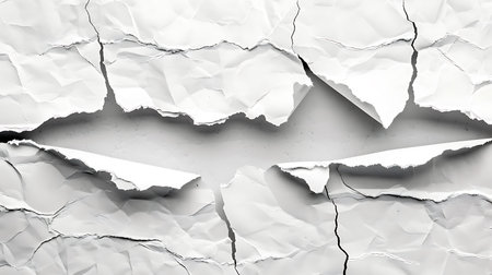 Overhead shot featuring a torn and wrinkled white paper sheet, showing the texture and separation of the material. Great for design, backgrounds, or abstracts.の素材