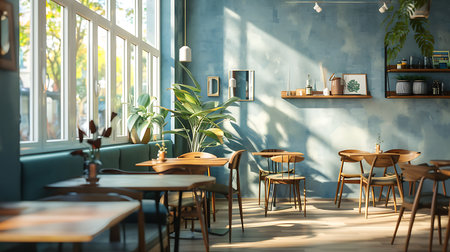Captures a beautifully designed cafe with natural light flooding through large windows, highlighting the wooden tables, chairs, plants, and elegant wall decorations for a relaxing ambiance.の素材