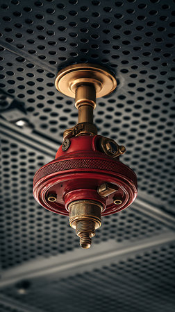 Close-up shot of a red valve with gold fixtures hanging from a perforated gray metal ceiling. The industrial design creates a unique and visually striking image.の素材