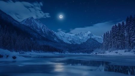 Scenic night view features a frozen lake mirroring a bright full moon. Snow-covered mountains and coniferous trees surround the lake under a starlit sky, bathed in cool hues.の素材