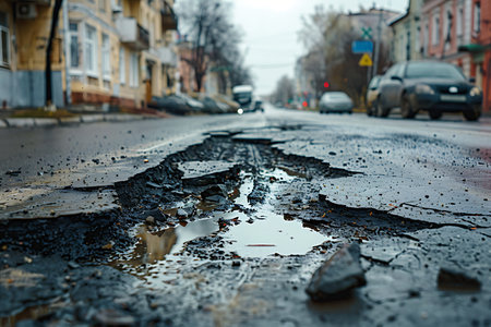 Extreme close-up reveals a large pothole filled with water on a damaged city street. Cars and buildings are visible in the blurred background, illustrating urban infrastructure issues.の素材