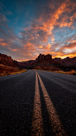 A straight, long road leads to red rock mountains under an intense colorful sunset sky in this captivating photograph, emphasizing the journey and landscape.の素材