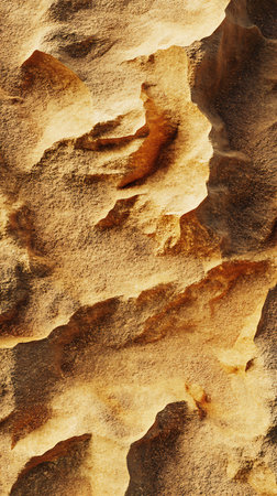 A highly detailed, close-up view showcases the intricate eroded texture of a sandstone rock formation, featuring rich, warm earth tones and sharp, abstract ridges.の素材