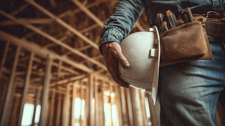 Close-up view of a construction worker in a denim shirt and jeans holding a white hardhat, wearing a leather tool belt, with wood framing visible in the background.の素材