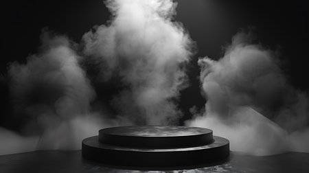 Moody studio shot showcases a two-tier black platform stage for product display. Dramatic lighting, wispy smoke and dark monochrome palette create an atmospheric scene.の素材