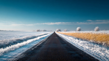 Striking perspective of a black asphalt road leading through a frost-covered rural landscape, featuring white fields and trees under a clear blue winter sky.の素材
