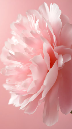 Delicate macro capture of a soft pink peony flower. The image is set against a matching pink backdrop, highlighting the petal details and overall graceful form.の素材