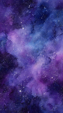 Watercolor painting of a galaxy with violet and blue hues, scattered with twinkling white stars and cosmic dust, creating an ethereal and dreamy celestial background.の素材