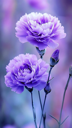 Captivating close-up showcases two fully blossomed purple carnations alongside delicate buds, set against a dreamy, softly blurred purple and blue backdrop, creating a serene floral composition.の素材