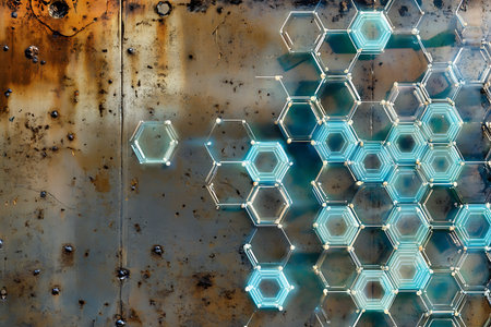 Abstract image featuring a heavily rusted metal panel partially covered with a vibrant, glowing turquoise hexagon grid, creating contrast between old and futuristic design.の素材