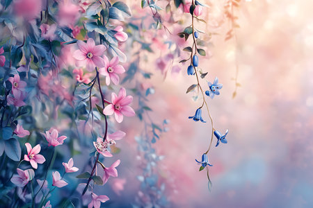 Serene botanical scene featuring delicate pink and blue flowers with visible vines and leaves. A soft, bokeh-filled background evokes a peaceful, dreamy ambiance.の素材