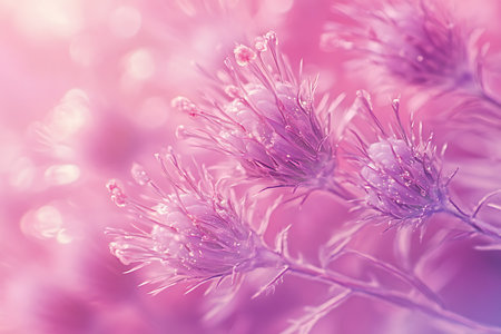 Ethereal close-up of thistle flowers with a dreamy pink and purple gradient background, sprinkled with glitter. Delicate textures and soft light create a magical, serene mood.の素材